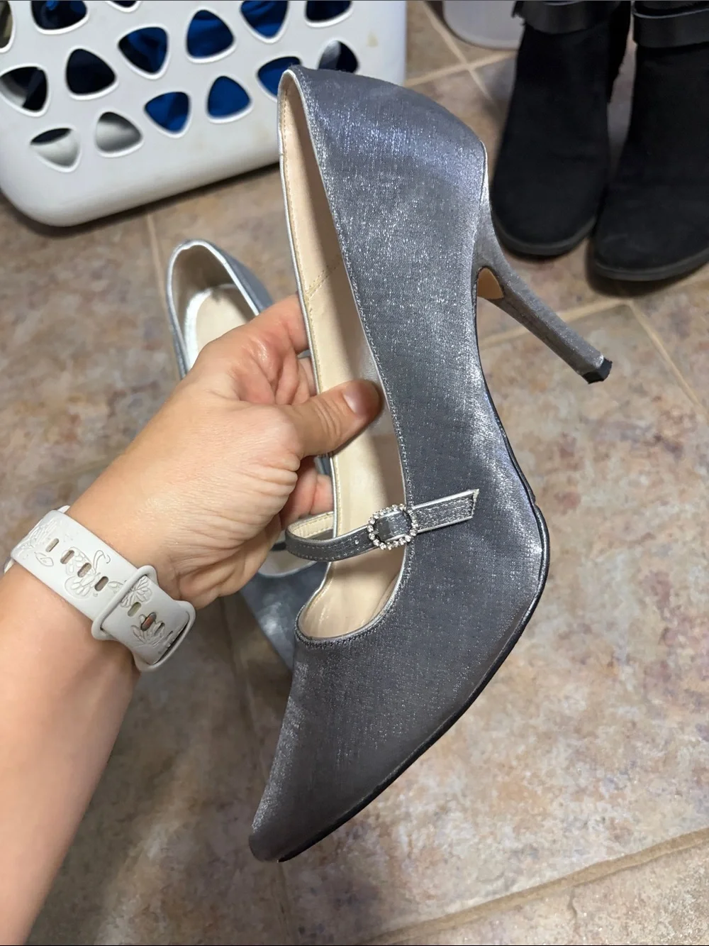 Caparros Silver Pointed Mary Jane Heels